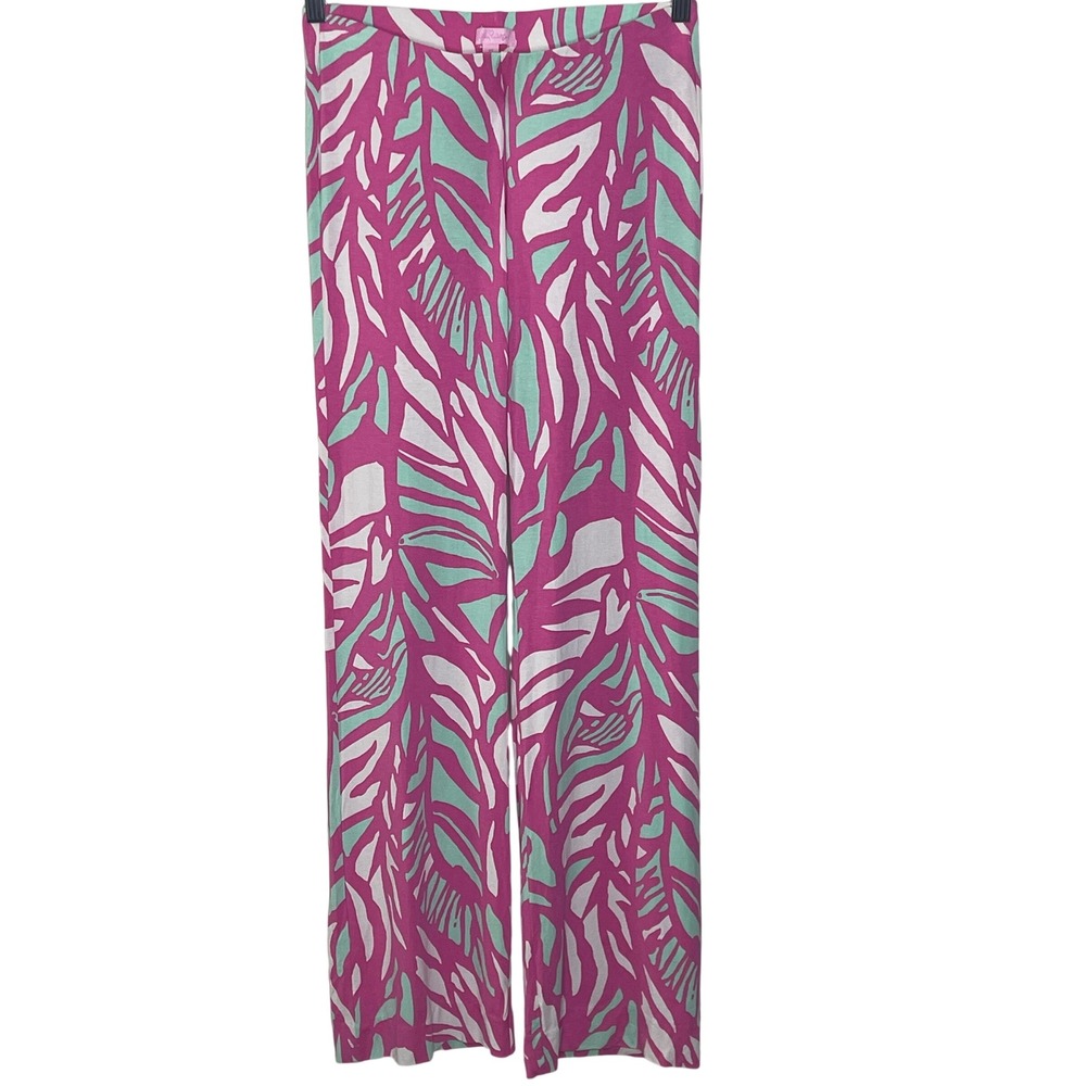 Lilly Pulitzer Pink Green Tropical Leaf Wide Leg Pants XS‎ Resort Palazzo Knit